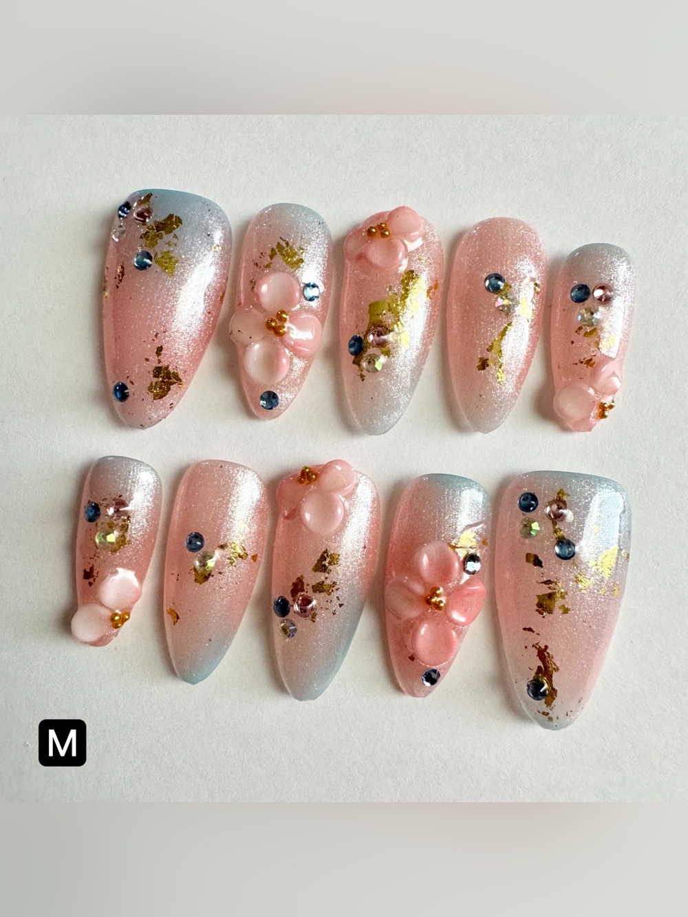 Pink and Blue Ombre 3D Flower Jewel Press-On Nails